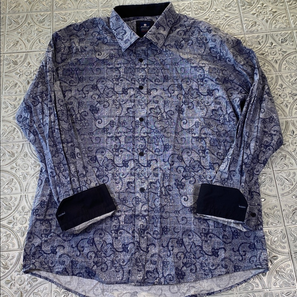 Frenzy Men's Dress Shirt XXL Blue Paisley Floral Contrast Flip Cuff